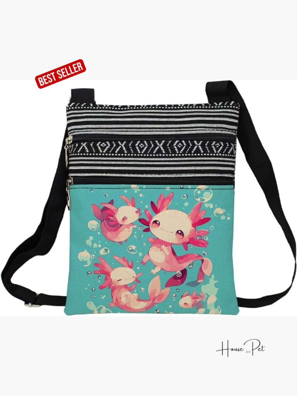 Cartoon Axolotls Printed Crossbody Bag with Adjustable Strap, Zipper Closure,